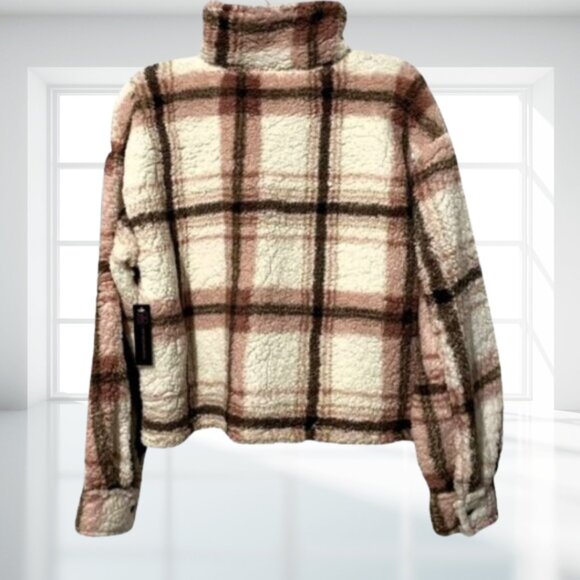 NWT Cozy Plaid Sherpa Shacket Jacket Cream Pink Brown Size Large Fall Winter - Picture 4 of 12
